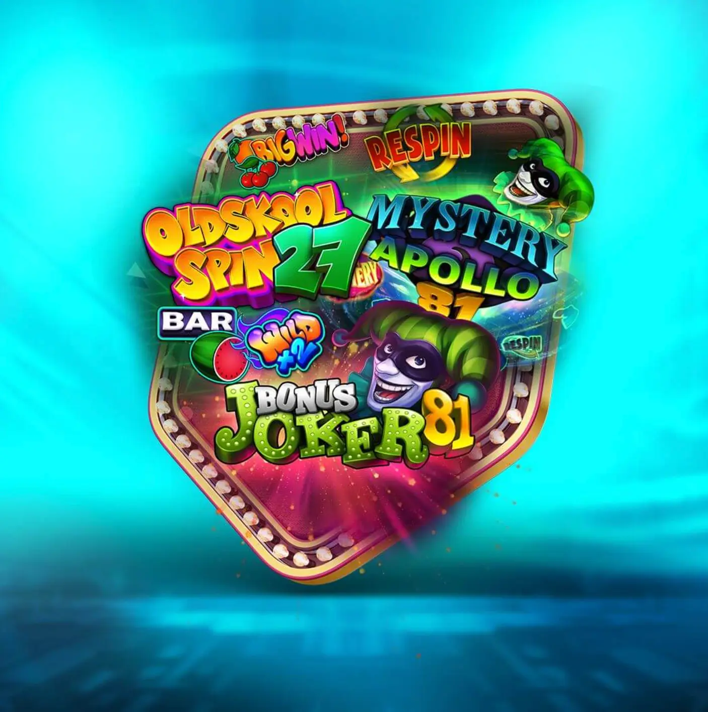 Promo grafika s logy automatů Apollo: Oldskool Spin 27, Mystery Apollo 81 a Bonus Joker 81, s maskotem jokera a nápisy Big Win/Respin/Wild x2 na tyrkysovém pozadí.
